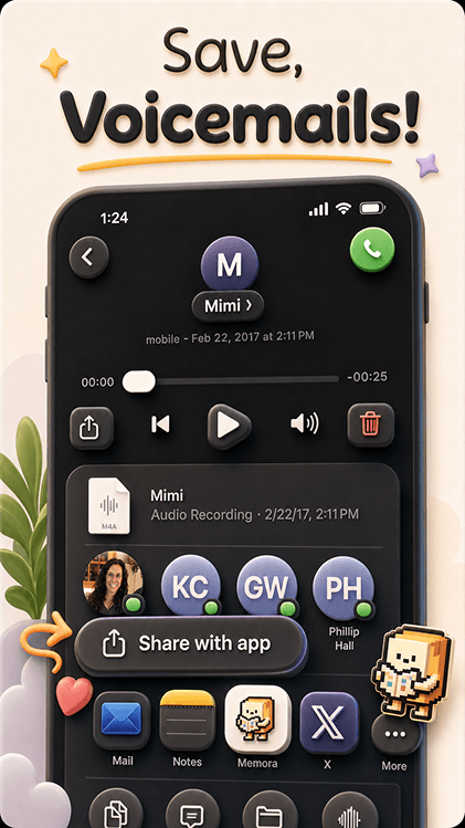 Memora screenshot: saving voicemails